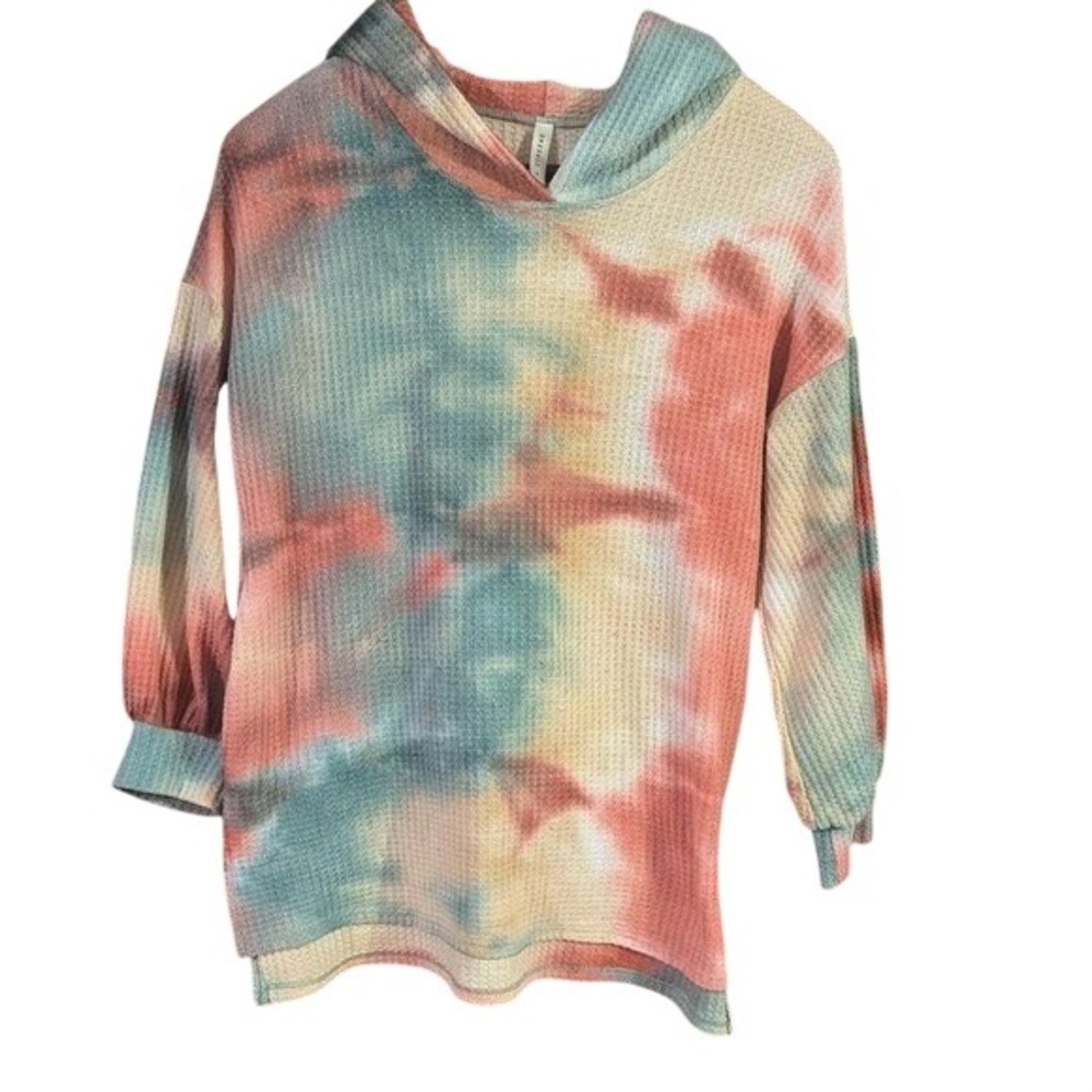 Emerald Womens Tie Dye Waffle Knit Hoodie 3/4 Sleeve Multi Color Size M